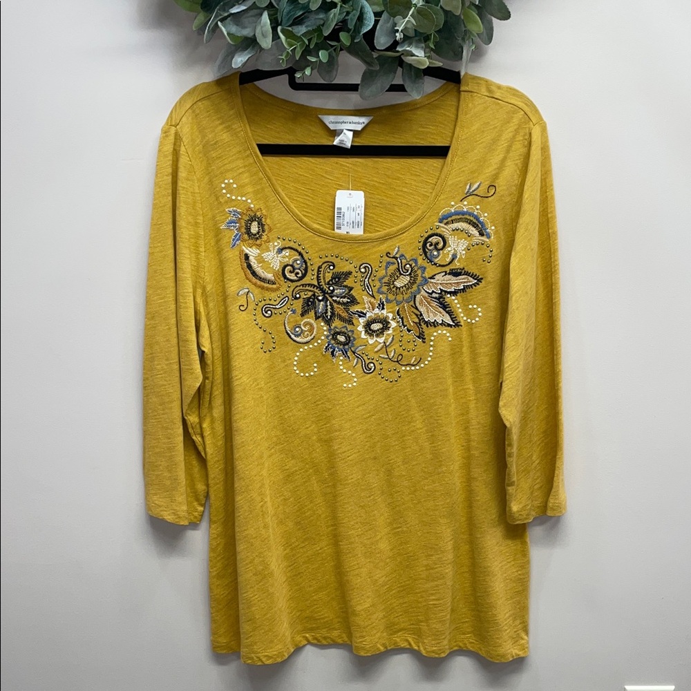 NWT Christopher & Banks Embroidered Embellished 3/4 Sleeve Knit Top XL